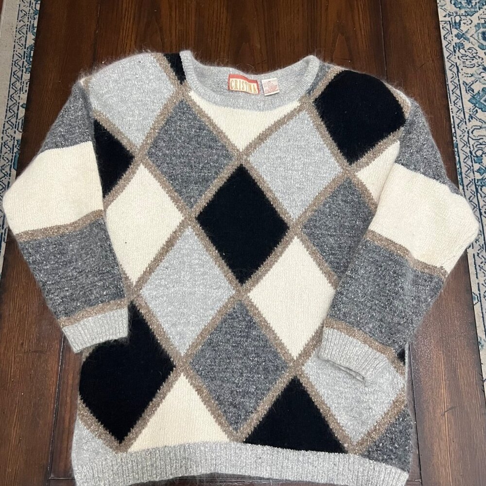 Vintage Crew Neck Argyle Sweater Silk Angora Lambswool Black White Gray Soft Med